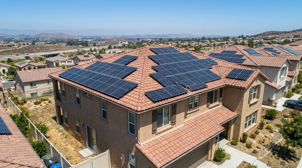 Aerial view of a large 10 kW rooftop solar array on a Southern California home