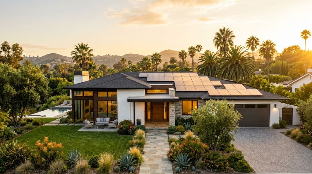 Modern Southern California home with rooftop solar panels at golden hour
