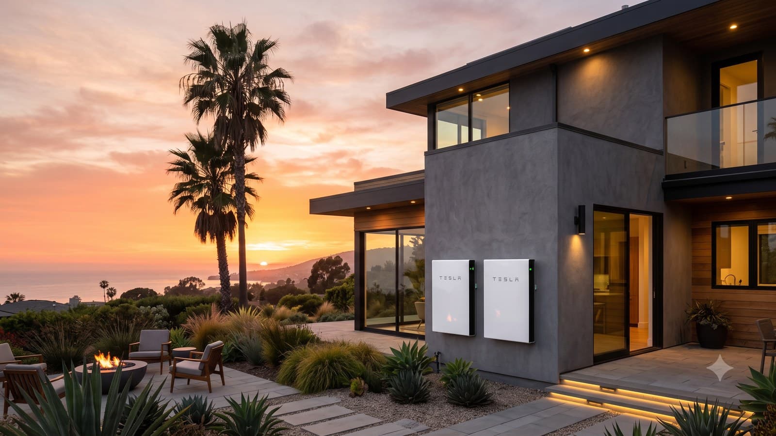 Two Tesla Powerwall 3 home batteries on a modern coastal California home at sunset with palm trees
