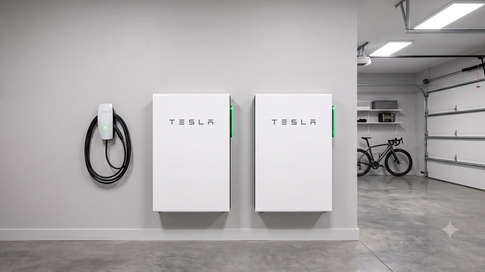 Two Tesla Powerwall 3 units with a Tesla Wall Connector in a clean modern garage