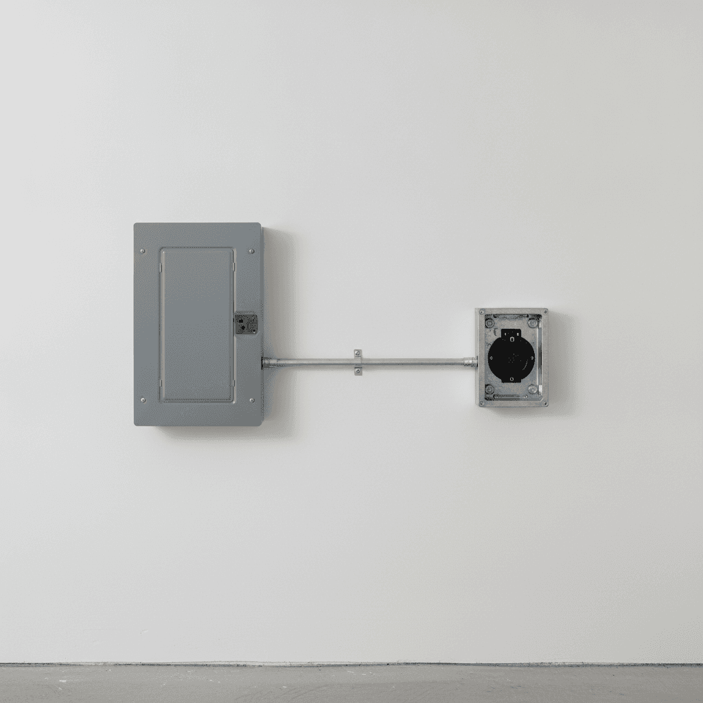 240V EV charger outlet and conduit run installed beside a residential electrical panel