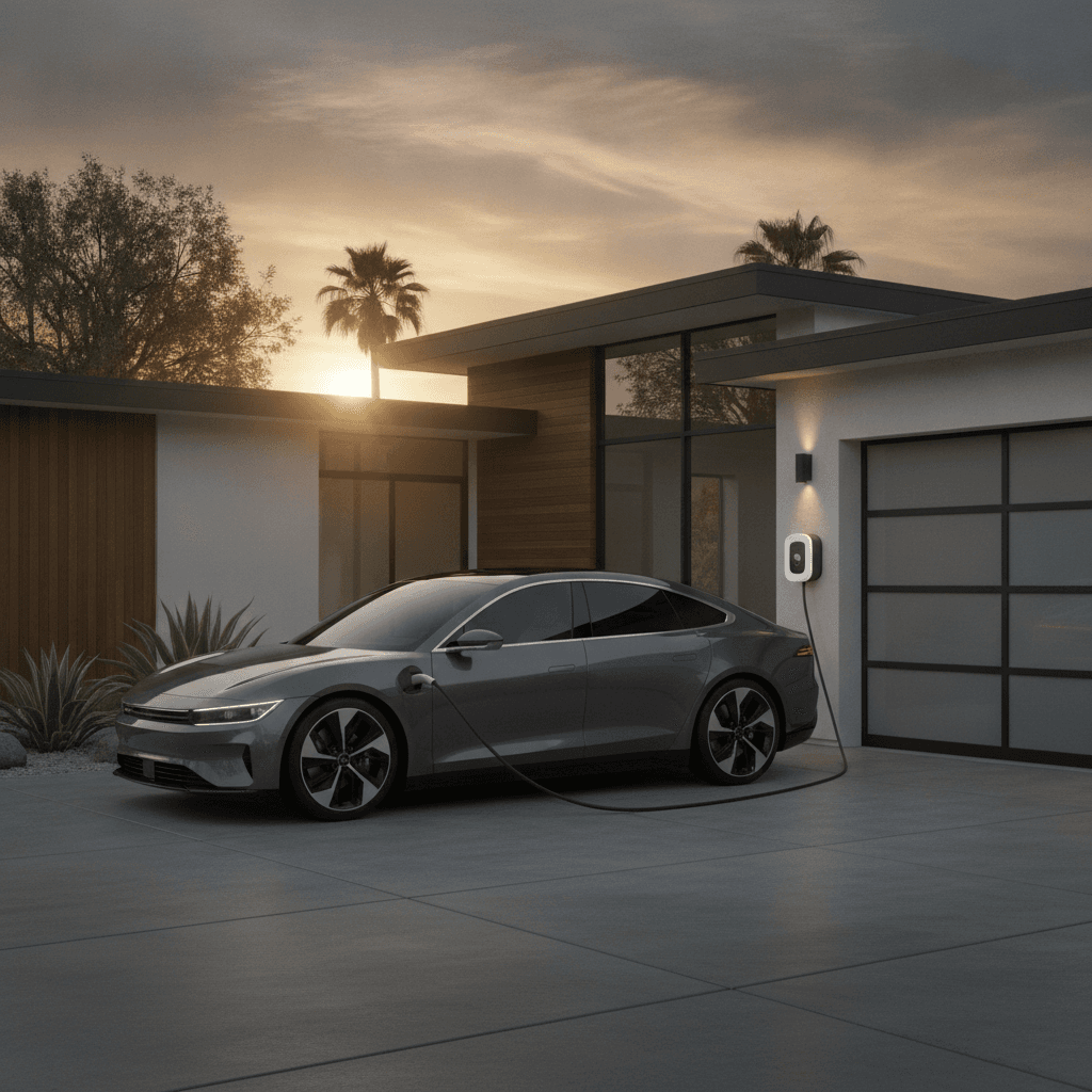 Electric car charging at home on a Level 2 wall charger in a Southern California driveway