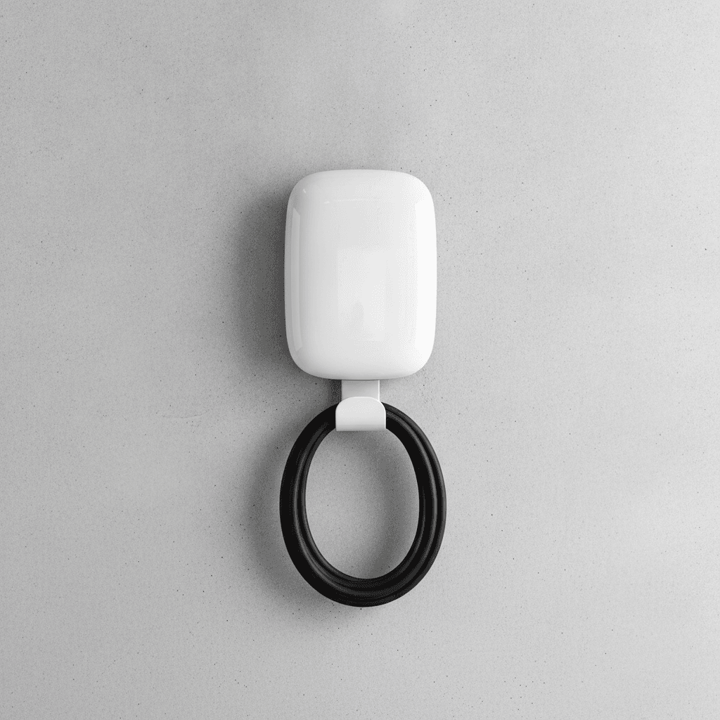 White hardwired home EV wall charger, Tesla Wall Connector style, mounted in a garage