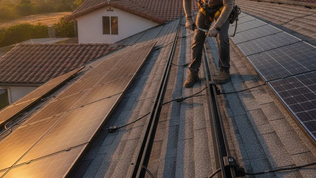 Technician securing a solar panel onto new racking on a freshly replaced roof