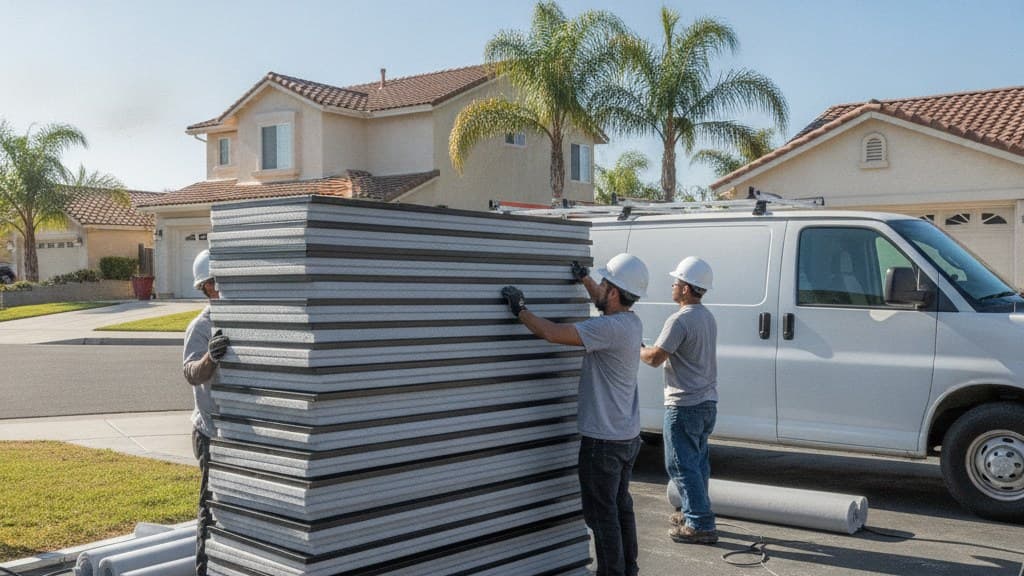 Solar panels stacked with foam protection next to a work van during removal