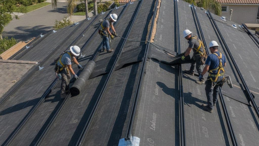 Roof mid-replacement with new underlayment installed and solar attachment points protected