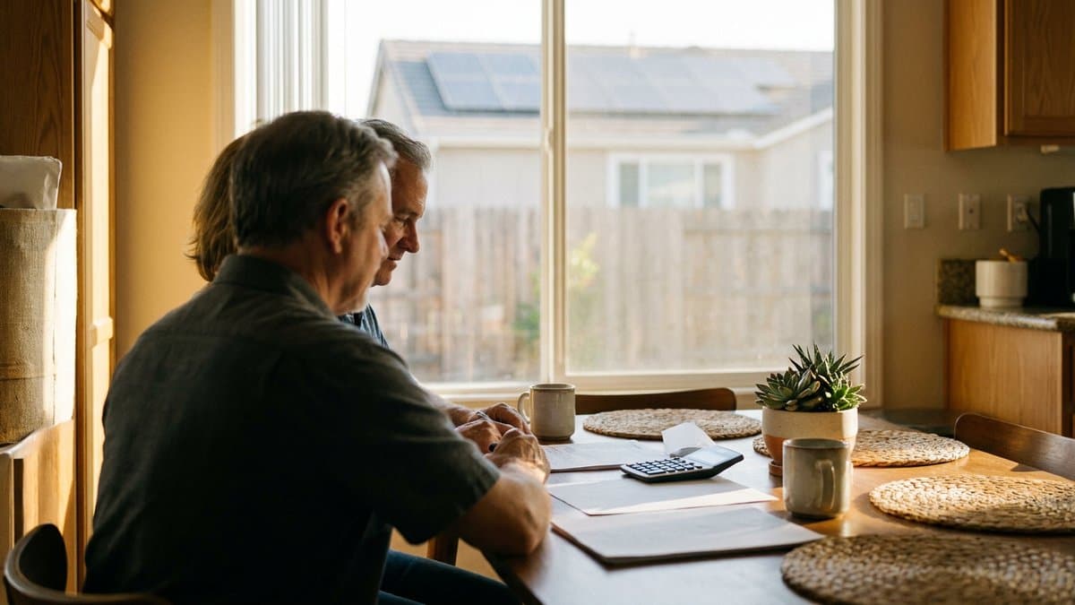 Homeowners reviewing paperwork at a kitchen table with a solar roof visible through the window