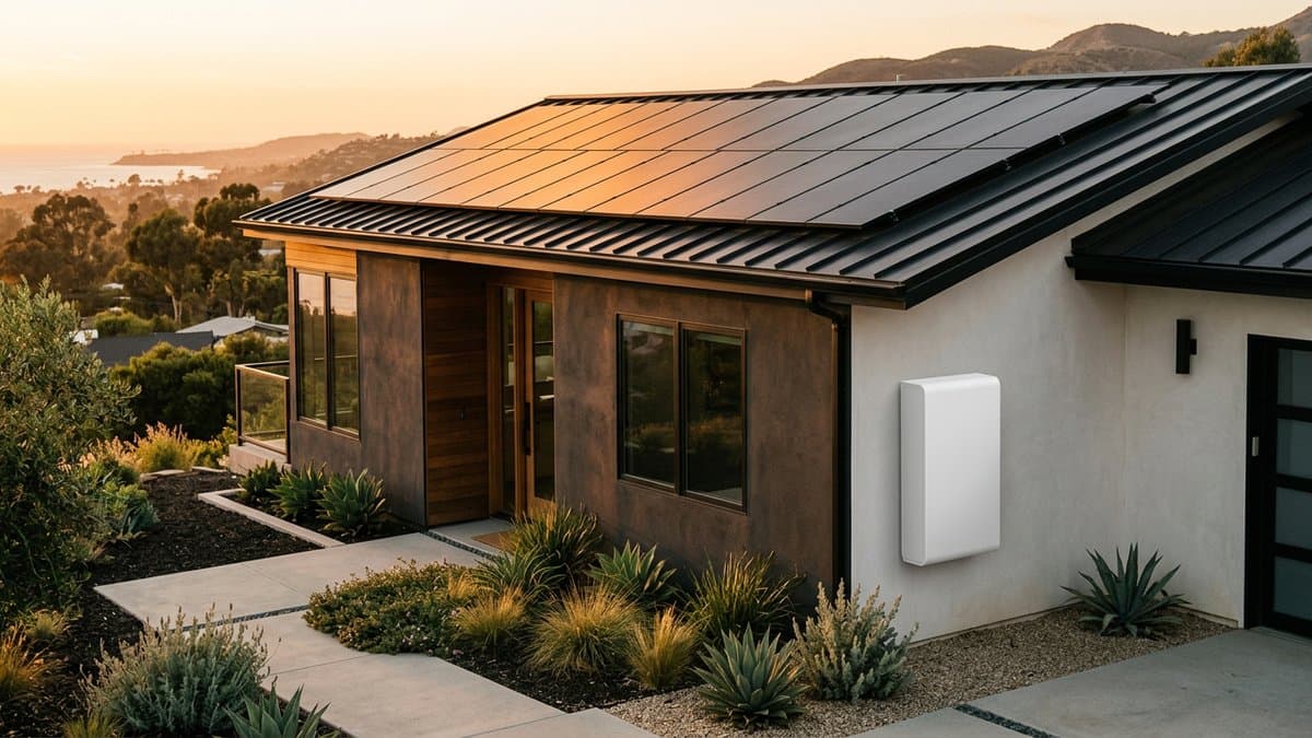 Modern home at golden hour with rooftop solar panels and a wall-mounted home battery