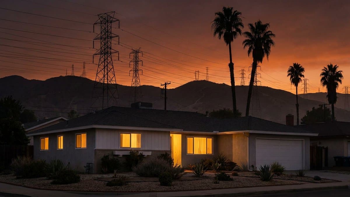 Southern California home at dusk with transmission towers and power lines on the hills behind it