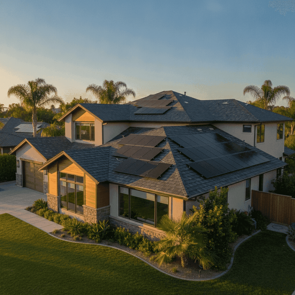 Southern California home with a new architectural asphalt shingle roof and solar array
