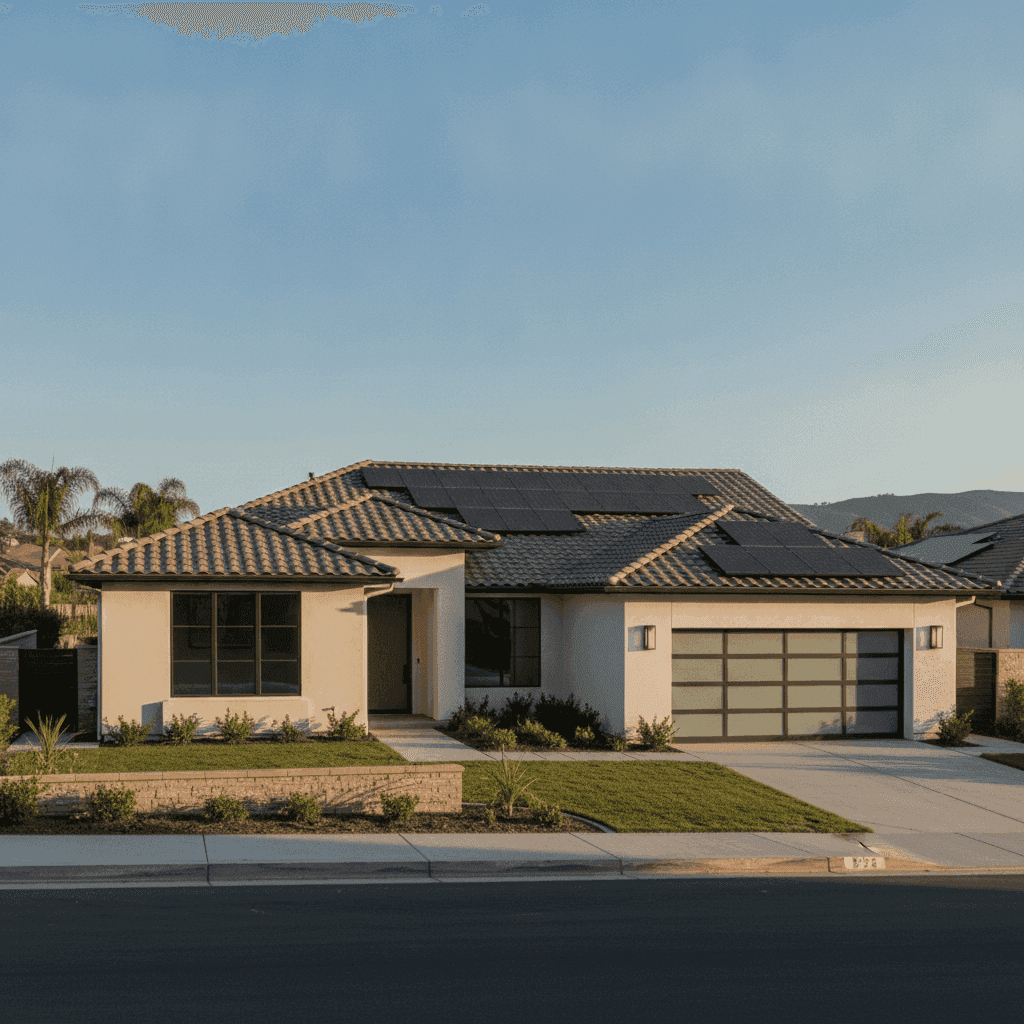 SoCal home with a concrete tile roof and low-profile solar panels