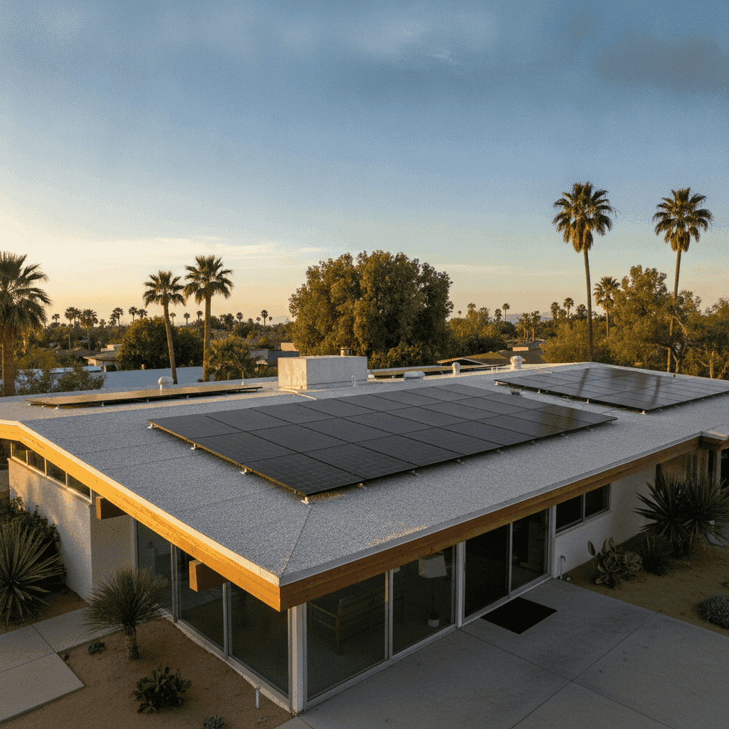 Midcentury flat-roof home with tilt-up solar racking on a foam roof system