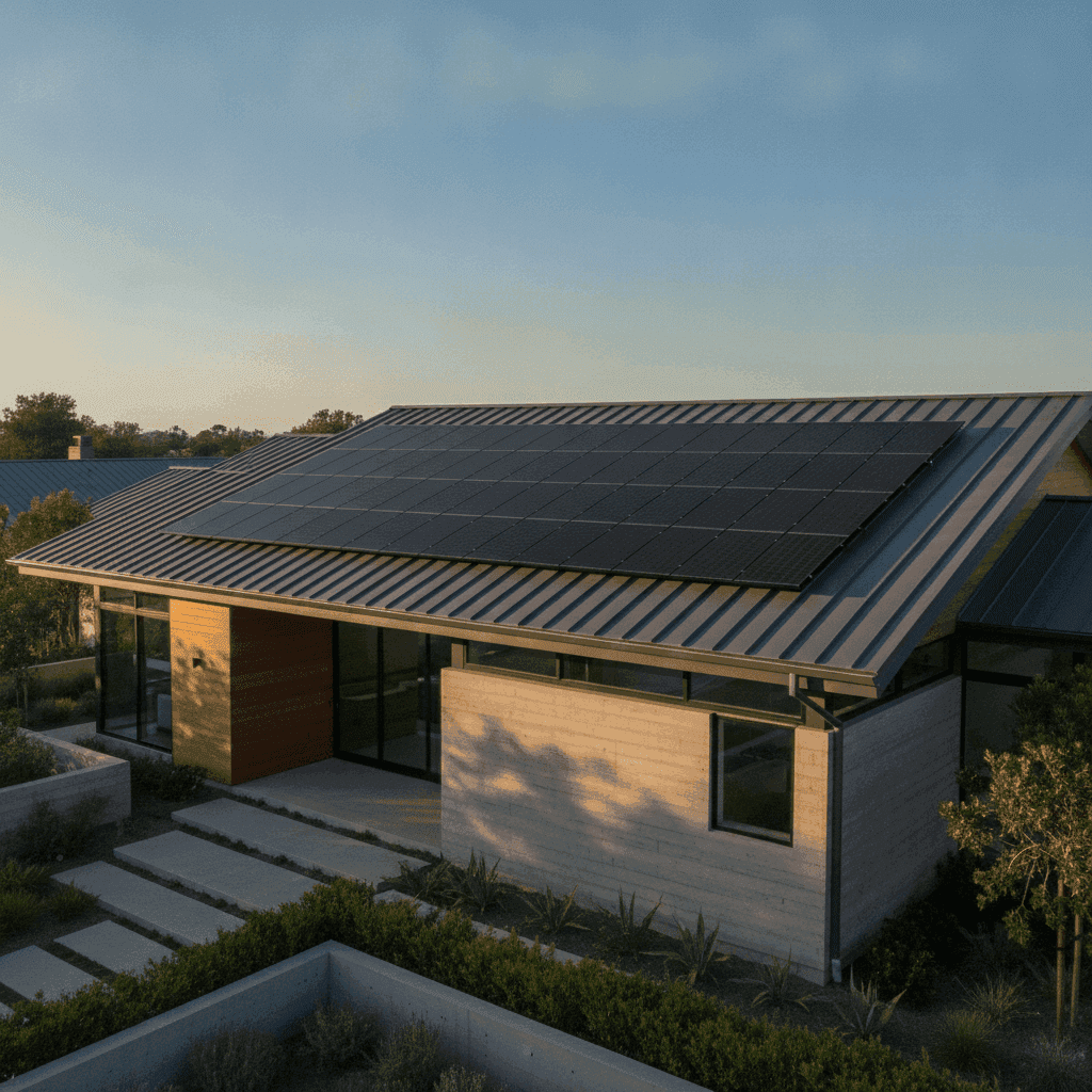 Contemporary home with a standing-seam metal roof and clamp-mounted solar panels