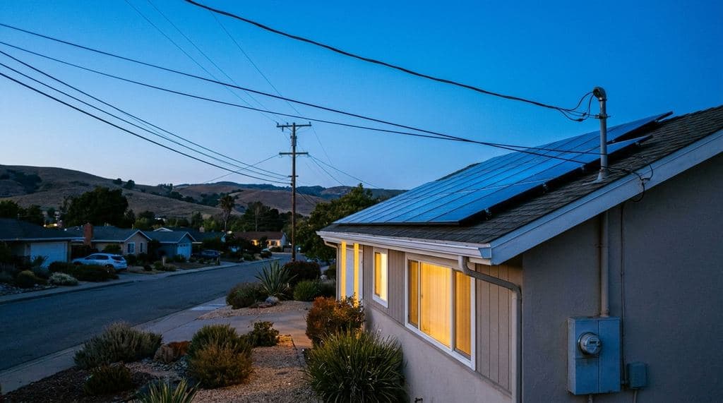 California home with rooftop solar at dusk near a utility meter and power lines