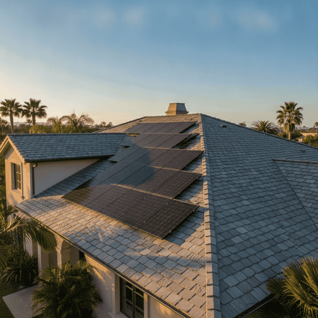 Solar panels on a Slate roof installed by Helios Energy Global in Southern California