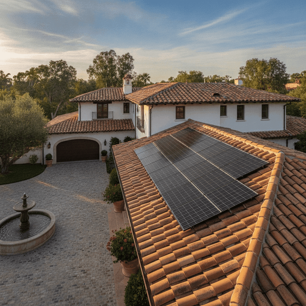 Solar panels on a Terra-Cotta (Fired-Clay Mission & Barrel) Tile roof — Helios Energy Global, Southern California