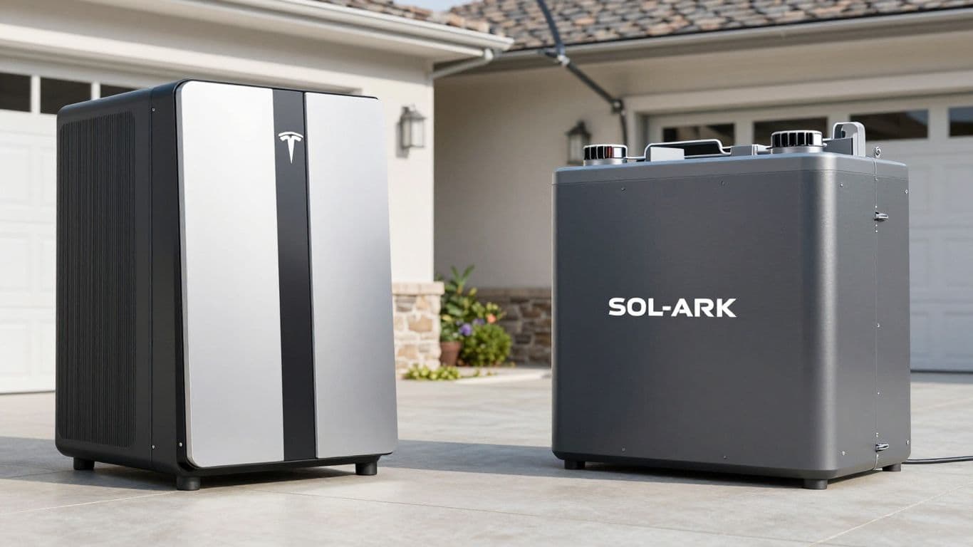 Tesla Powerwall 3 and Sol-Ark home battery systems side-by-side.