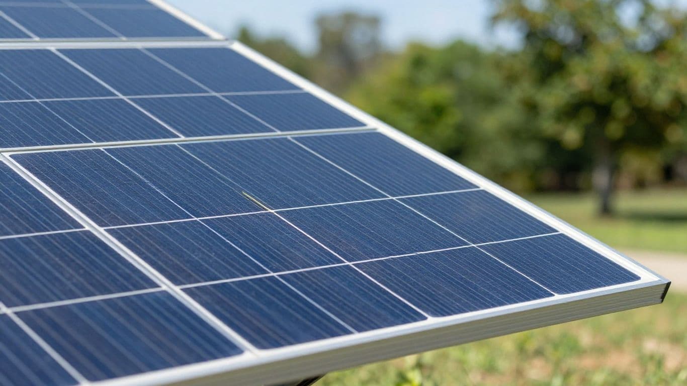 Modern solar panel reflecting bright sunlight.