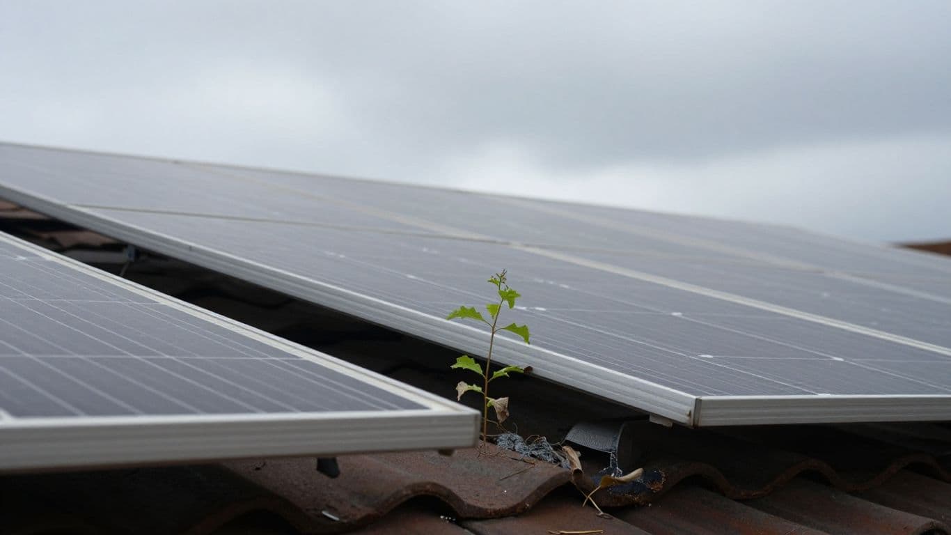 Solar panel on a cracked rooftop with a wilting plant.