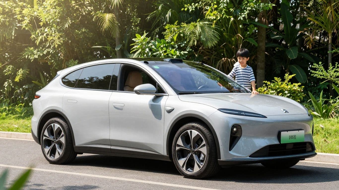 Modern three-row electric SUV on a scenic road.