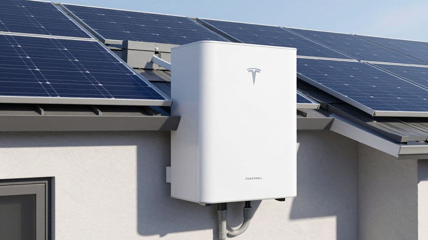 Tesla Powerwall with solar panels on a home.