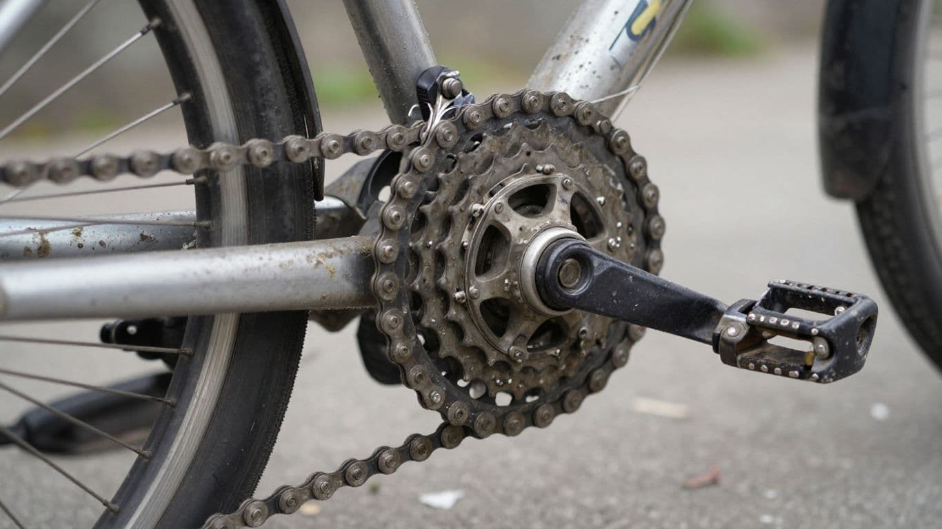 Damaged bicycle chain and gears after a wreck.