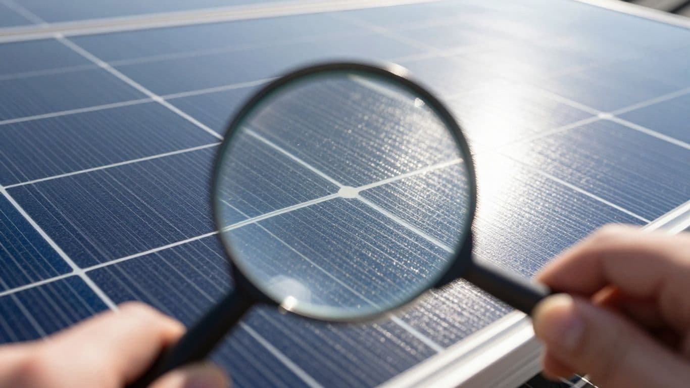 Solar panel inspection with magnifying glass.