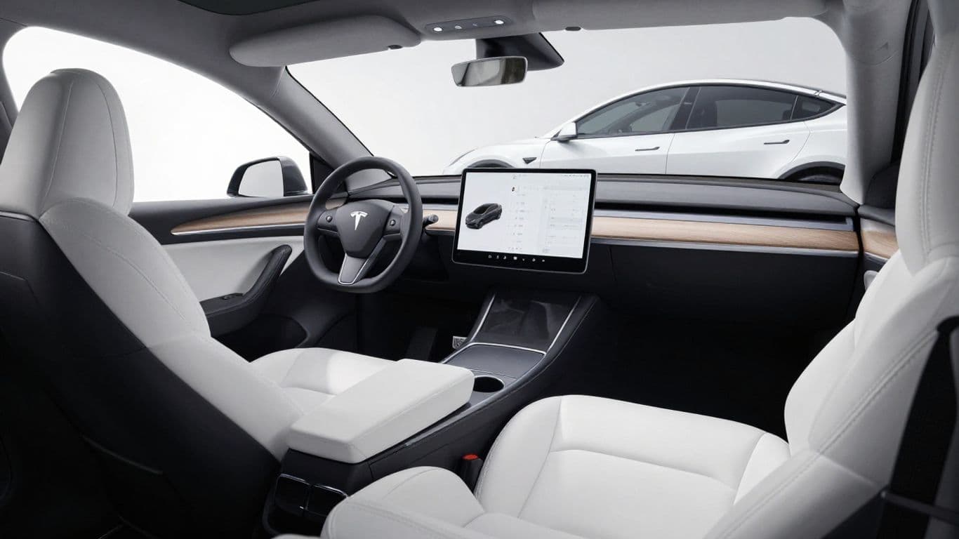 Tesla Model Y interior with Model 3 in background