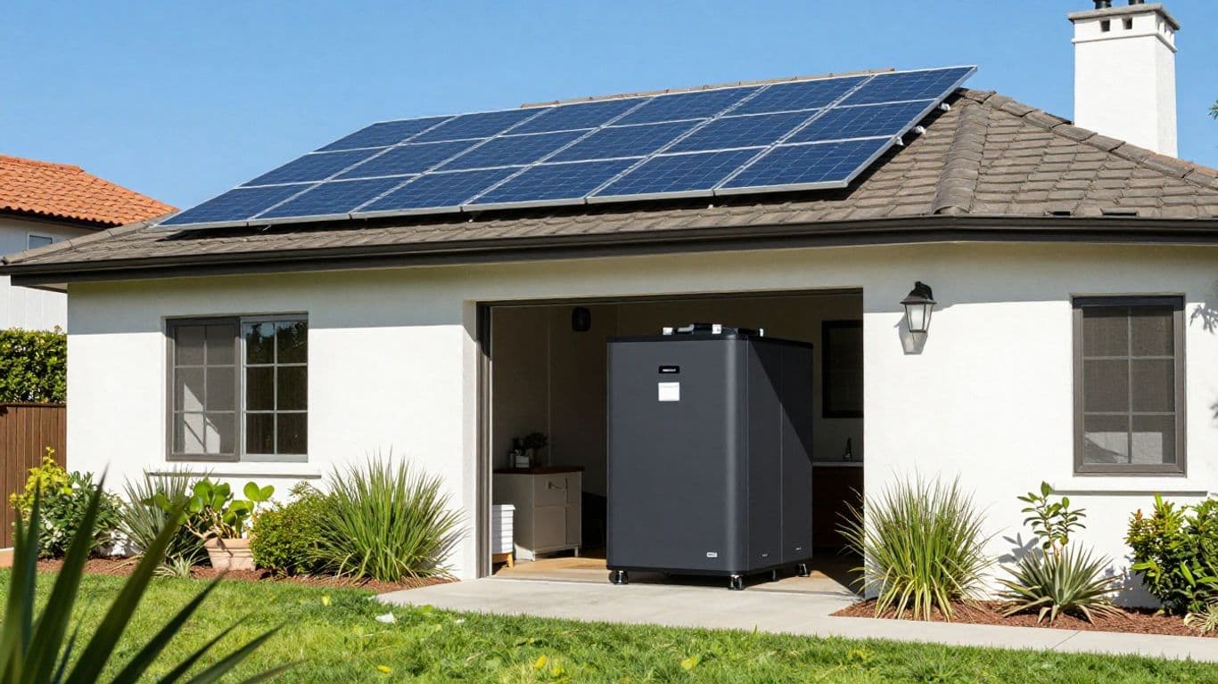 California home with solar panels and battery.