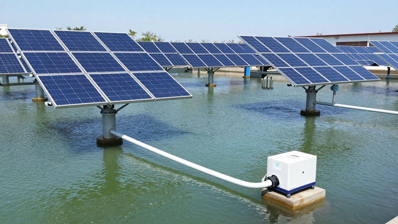 Solar panels powering a water desalination unit.