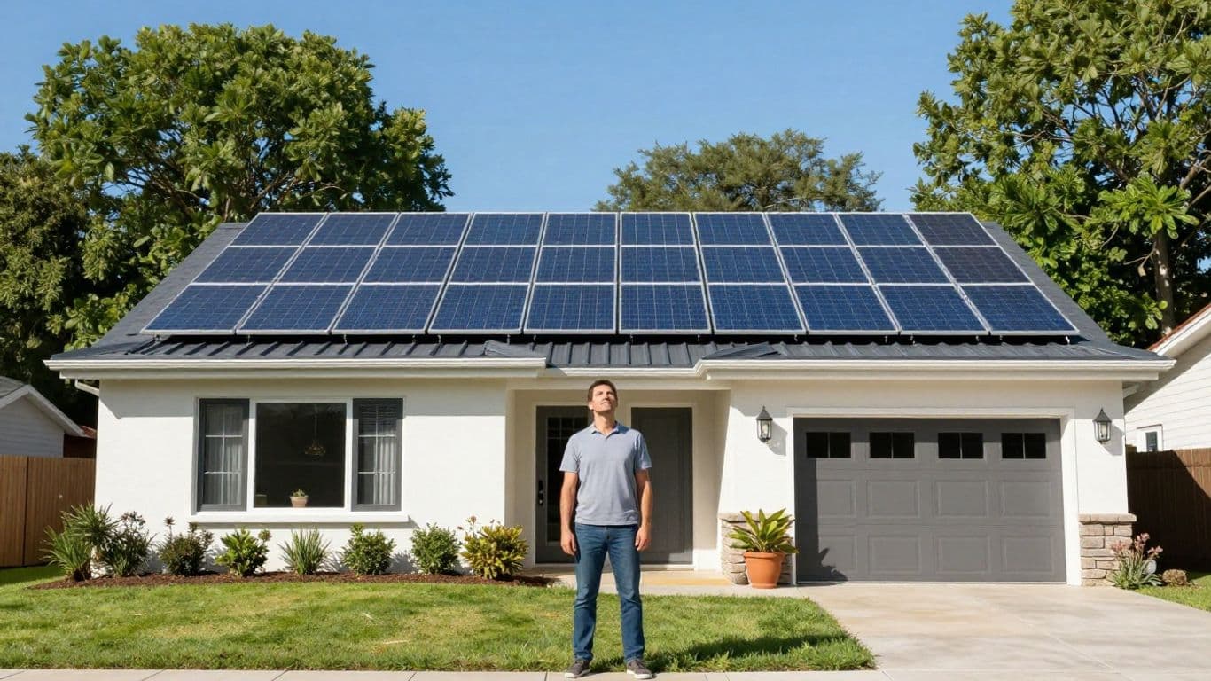 Homeowner looking at solar panels on a sunny day.