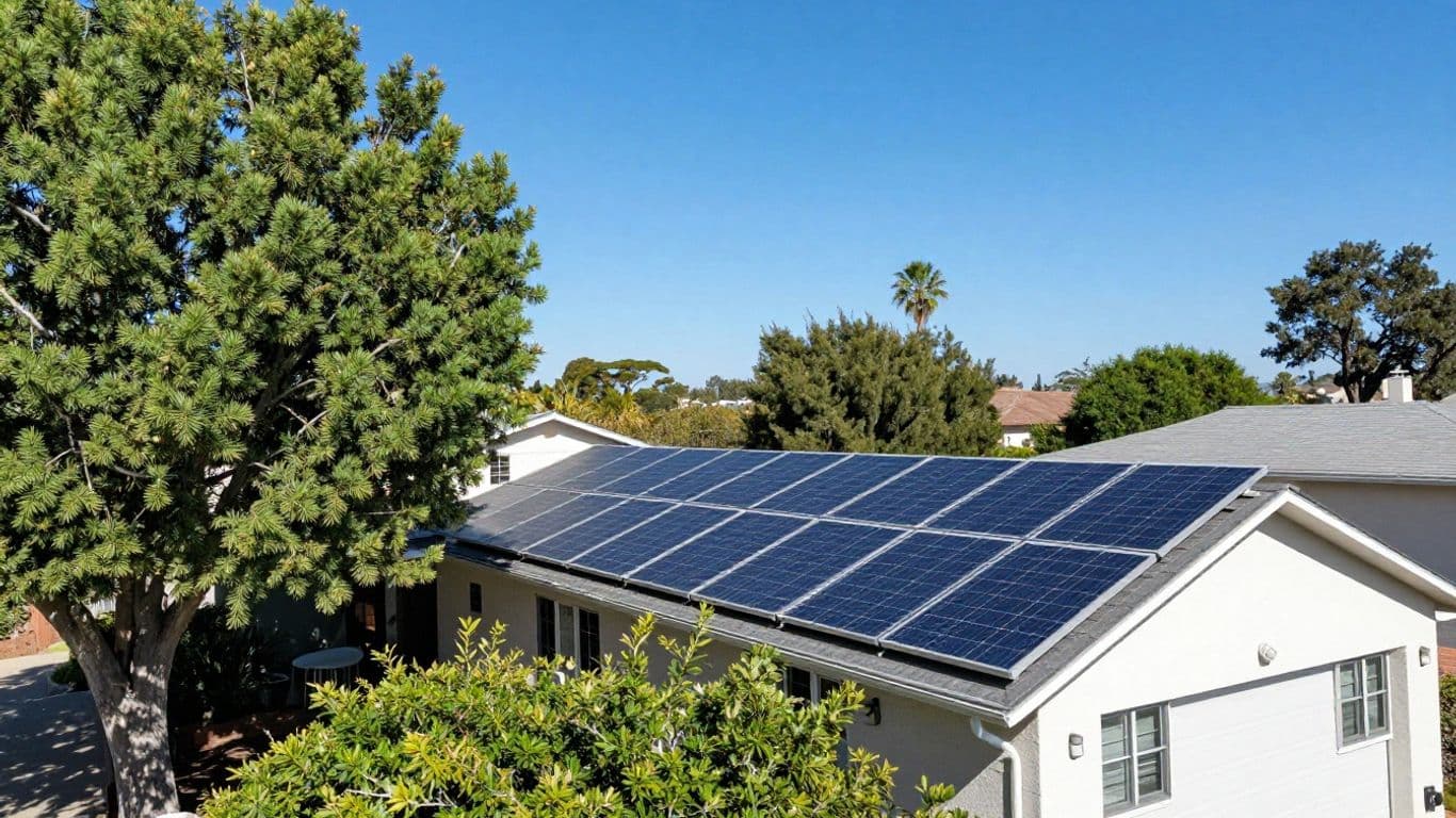 California home with solar panels under a blue sky.