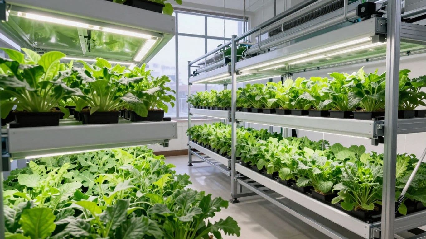 Dyson's vertical farm with lush green plants and advanced technology.