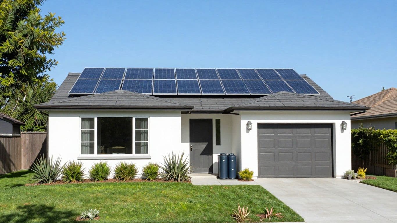 California home with solar panels and battery storage.
