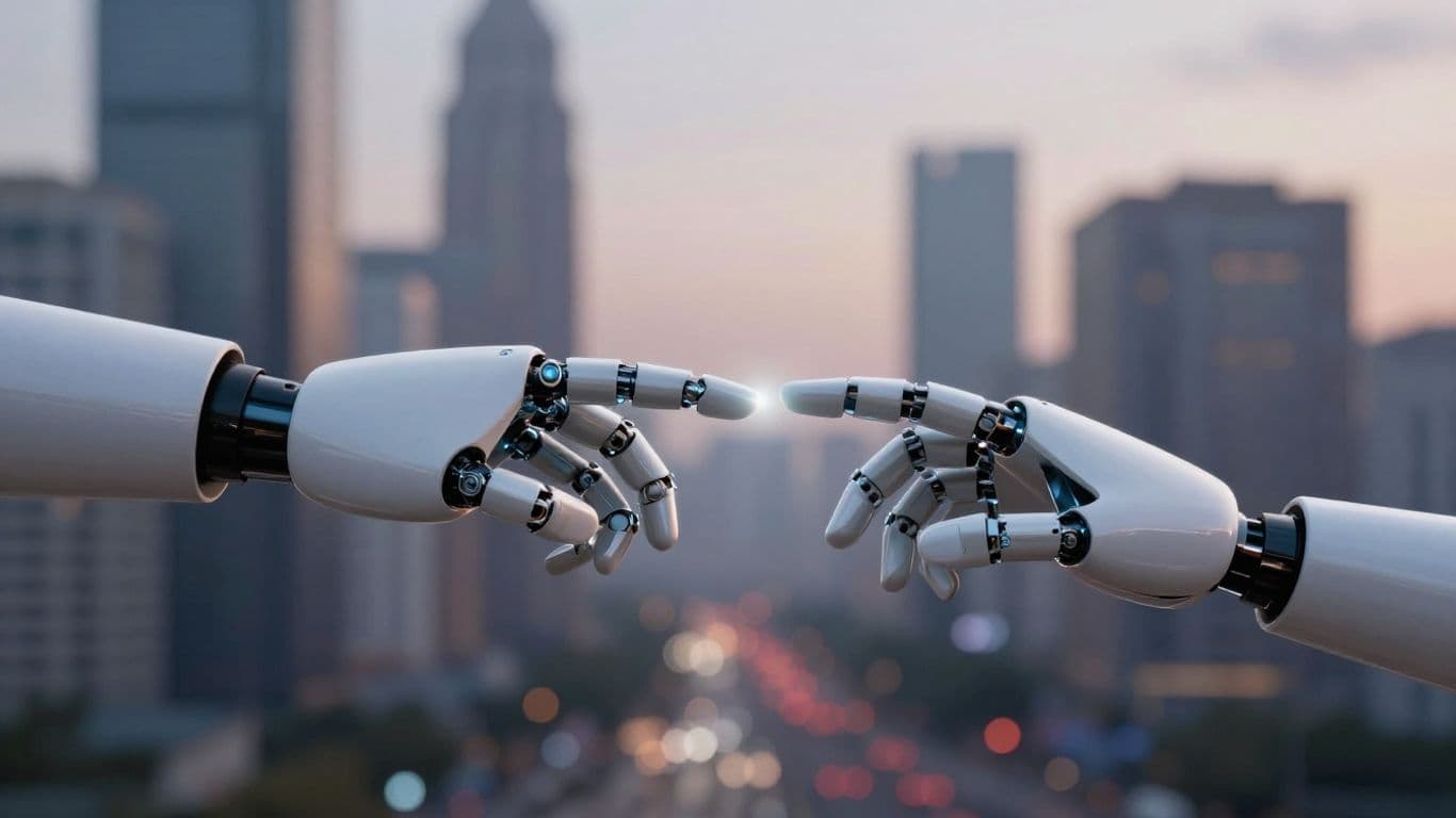 Robot and human hands connecting, digital glow, cityscape background.